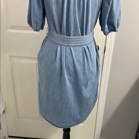 GAP Mini Dress Puff Sleeve Mock Neck Lt Wash Indigo Relaxed Fit Tie Belt Size S - Picture 7 of 13